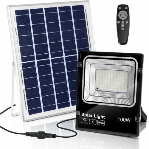 LED Floodlight op Zonne-energie - LED Schijnwerper - Aigi Solina - LED Solar Tuinverlichting Wandlamp - Afstandsbediening - Waterdicht IP66 - 100W - Helder/Koud Wit 6500K