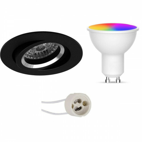 LED Spot Set GU10 - Facto - Smart LED - Wifi LED - Slimme LED - 5W - RGB+CCT - Aanpasbare Kleur - Dimbaar - Afstandsbediening - Pragmi Aerony Pro - Inbouw Rond - Mat Zwart - Kantelbaar - Ø82mm