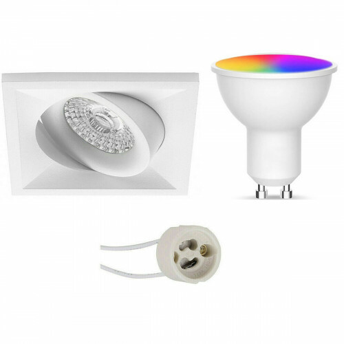LED Spot Set GU10 - Facto - Smart LED - Wifi LED - Slimme LED - 5W - RGB+CCT - Aanpasbare Kleur - Dimbaar - Pragmi Qiundo Pro - Inbouw Vierkant - Mat Wit - Kantelbaar - 80mm