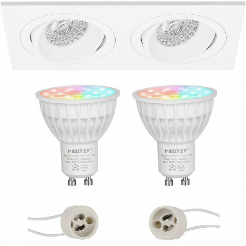 Mi-Light MiBoxer - LED Spot Set GU10 - Smart LED - Wifi LED - Slimme LED - 4W - RGB+CCT - Aanpasbare Kleur - Dimbaar - Pragmi Borny Pro - Inbouw Rechthoek Dubbel - Mat Wit - Kantelbaar - 175x92mm