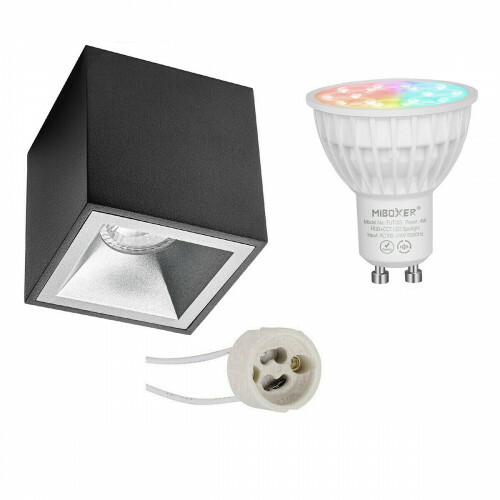 Mi-Light MiBoxer - Opbouwspot Set GU10 - Smart LED - Wifi LED - Slimme LED - 4W - RGB+CCT - Aanpasbare Kleur - Dimbaar - Pragmi Cliron Pro - Opbouw Vierkant - Mat Zwart/Zilver - Verdiept - 90mm