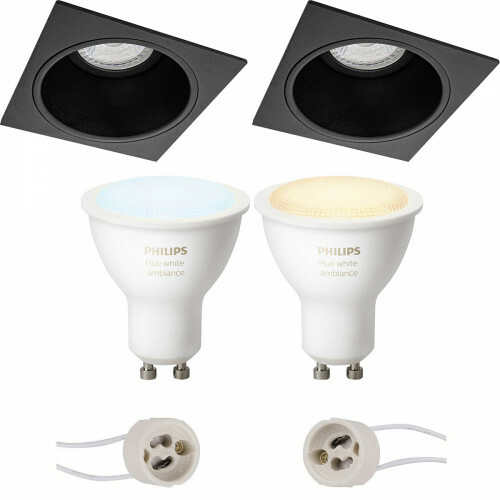 Pragmi Minko Pro - Inbouw Vierkant - Mat Zwart - Verdiept - 90mm - Philips Hue - LED Spot Set GU10 - White Ambiance - Bluetooth