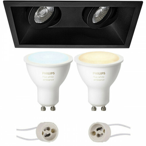 Pragmi Zano Pro - Inbouw Rechthoek Dubbel - Mat Zwart - Kantelbaar - 185x93mm - Philips Hue - LED Spot Set GU10 - White Ambiance - Bluetooth