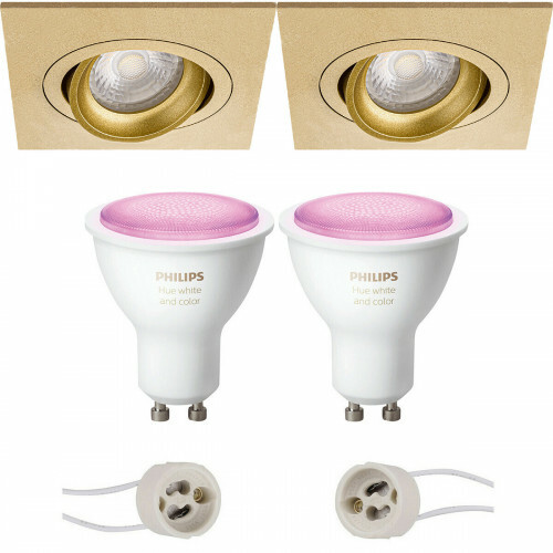 Pragmi Borny Pro - Inbouw Vierkant - Mat Goud - Kantelbaar - 92mm - Philips Hue - LED Spot Set GU10 - White and Color Ambiance - Bluetooth