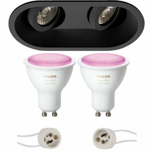 Pragmi Zano Pro - Inbouw Ovaal Dubbel - Mat Zwart - Kantelbaar - 185x93mm - Philips Hue - LED Spot Set GU10 - White and Color Ambiance - Bluetooth