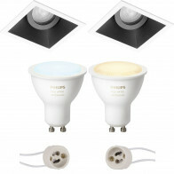 Pragmi Zano Pro - Inbouw Vierkant - Mat Zwart/Wit - Kantelbaar - 93mm - Philips Hue - LED Spot Set GU10 - White Ambiance - Bluetooth