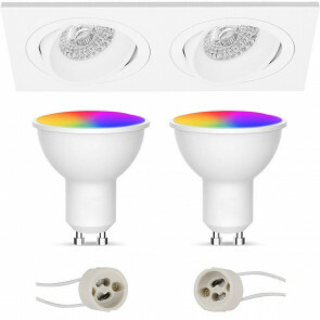 LED Spot Set GU10 - Facto - Smart LED - Wifi LED - Slimme LED - 5W - RGB+CCT - Aanpasbare Kleur - Dimbaar - Afstandsbediening - Pragmi Borny Pro - Inbouw Rechthoek Dubbel - Mat Wit - Kantelbaar - 175x92mm