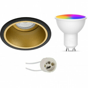 LED Spot Set GU10 - Facto - Smart LED - Wifi LED - Slimme LED - 5W - RGB+CCT - Aanpasbare Kleur - Dimbaar - Afstandsbediening - Pragmi Minko Pro - Inbouw Rond - Mat Zwart/Goud - Verdiept - Ø90mm