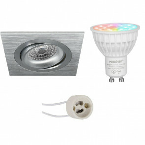 Mi-Light - LED Spot Set GU10 - Smart LED - Wifi LED - Slimme LED - 4W - RGB+CCT - Aanpasbare Kleur - Dimbaar - Pragmi Borny Pro - Inbouw Vierkant - Mat Zilver - Kantelbaar - 92mm