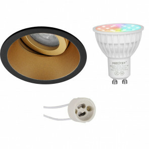 Mi-Light - LED Spot Set GU10 - Smart LED - Wifi LED - Slimme LED - 4W - RGB+CCT - Aanpasbare Kleur - Dimbaar - Pragmi Zano Pro - Inbouw Rond - Mat Zwart/Goud - Kantelbaar - Ø93mm