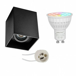 Mi-Light - Opbouwspot Set GU10 - Smart LED - Wifi LED - Slimme LED - 4W - RGB+CCT - Aanpasbare Kleur - Dimbaar - Pragmi Luxina Pro - Opbouw Vierkant - Mat Zwart - Verdiept - Kantelbaar - 90mm