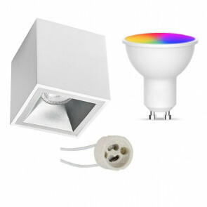 Opbouwspot Set GU10 - Facto - Smart LED - Wifi LED - Slimme LED - 5W - RGB+CCT - Aanpasbare Kleur - Dimbaar - Afstandsbediening - Pragmi Cliron Pro - Opbouw Vierkant - Mat Wit/Zilver - Verdiept - 90mm