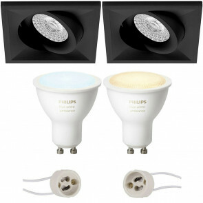 PHILIPS HUE - LED Spot Set GU10 - White Ambiance - Bluetooth - Pragmi Qiundo Pro - Inbouw Vierkant - Mat Zwart - Kantelbaar - 80mm