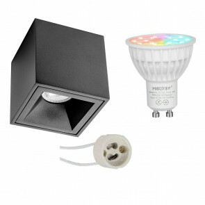 Mi-Light - Opbouwspot Set GU10 - Smart LED - Wifi LED - Slimme LED - 4W - RGB+CCT - Aanpasbare Kleur - Dimbaar - Pragmi Cliron Pro - Opbouw Vierkant - Mat Zwart - Verdiept - 90mm
