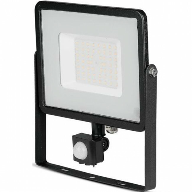 LED Bouwlamp 50 Watt met Sensor - LED Schijnwerper - Viron Dana - Helder/Koud Wit 6400K - Mat Zwart 