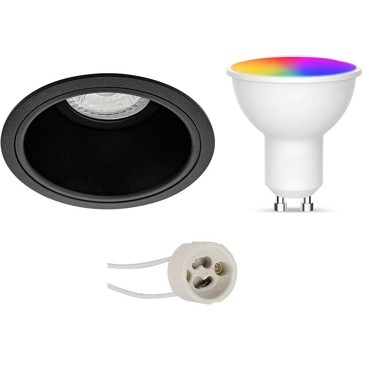 LED Spot Set GU10 - Facto - Smart LED - Wifi LED - Slimme LED - 5W - RGB+CCT - Aanpasbare Kleur - Dimbaar - Afstandsbediening - Pragmi Minko Pro - Inbouw Rond - Mat Zwart - Verdiept - Ø90mm product afbeelding
