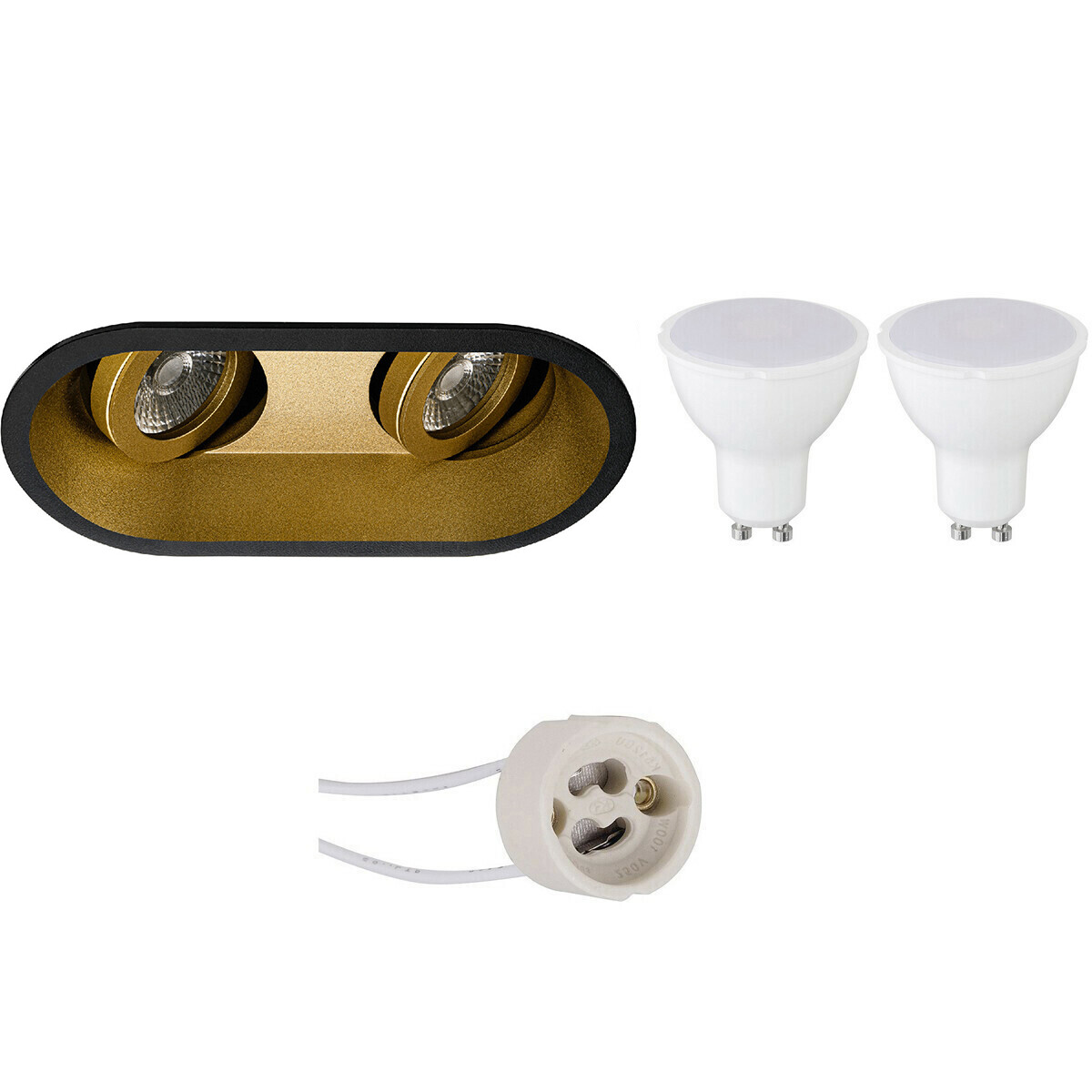 LED Spot Set - Pragmi Zano Pro - GU10 Fitting - Inbouw Ovaal Dubbel - Mat Zwart/Goud - 6W - Natuurli