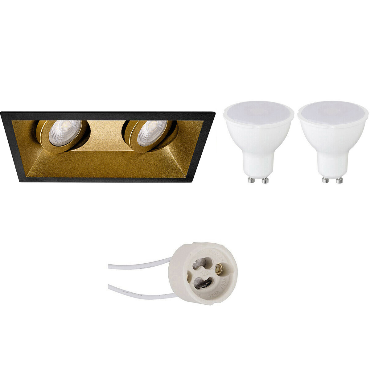 LED Spot Set - Pragmi Zano Pro - GU10 Fitting - Dimbaar - Inbouw Rechthoek Dubbel - Mat Zwart/Goud - 6W - Natuurlijk Wit 4200K - Kantelbaar - 185x93mm product afbeelding
