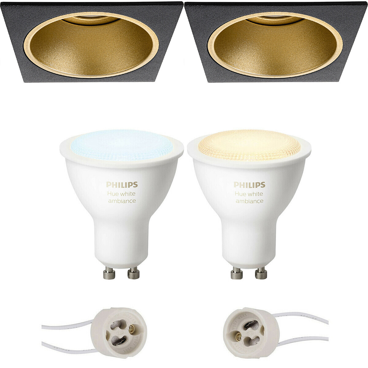 Pragmi Minko Pro Inbouw Vierkant Mat Zwart-Goud Verdiept 90mm Philips Hue LED Spot Set GU10 White Am