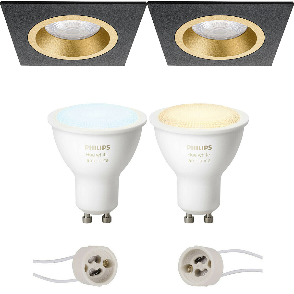 Pragmi Rodos Pro Inbouw Vierkant Mat Zwart-Goud 93mm Philips Hue LED Spot Set GU10 White Ambiance Bl