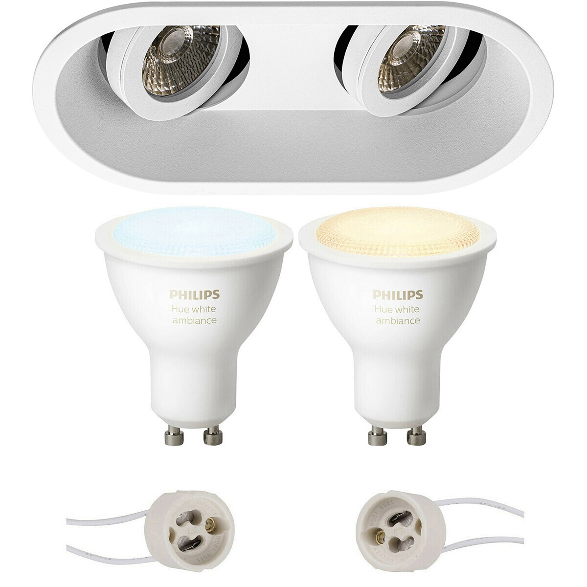 Pragmi Zano Pro Inbouw Ovaal Dubbel Mat Wit Kantelbaar 185x93mm Philips Hue LED Spot Set GU10 White 