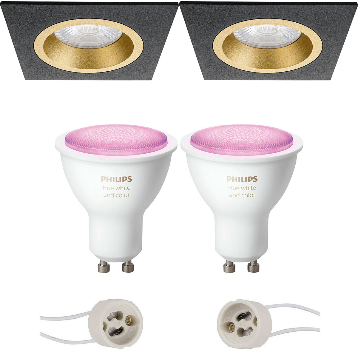 Pragmi Rodos Pro Inbouw Vierkant Mat Zwart-Goud 93mm Philips Hue LED Spot Set GU10 White and Color A
