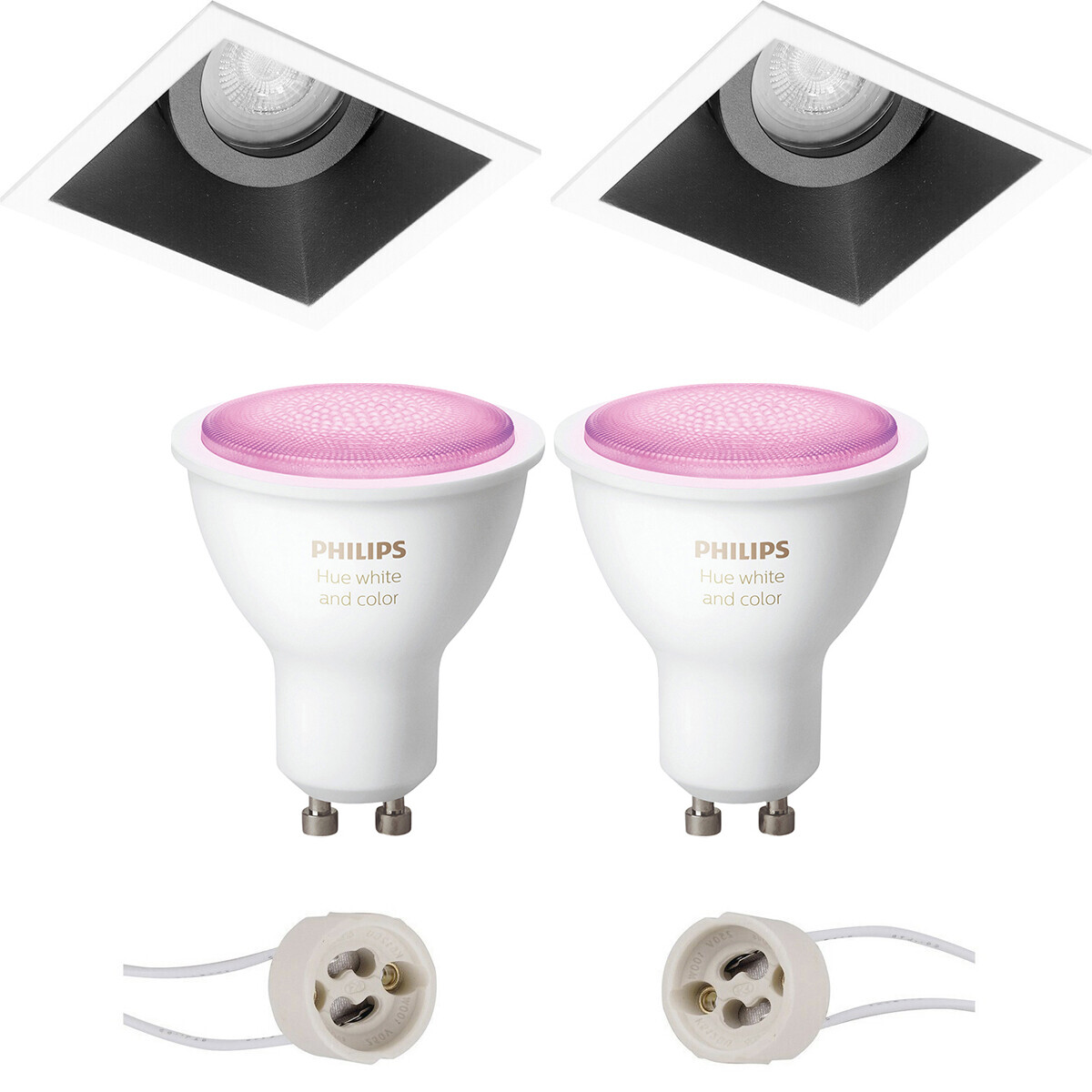 Pragmi Zano Pro Inbouw Vierkant Mat Zwart-Wit Kantelbaar 93mm Philips Hue LED Spot Set GU10 White an