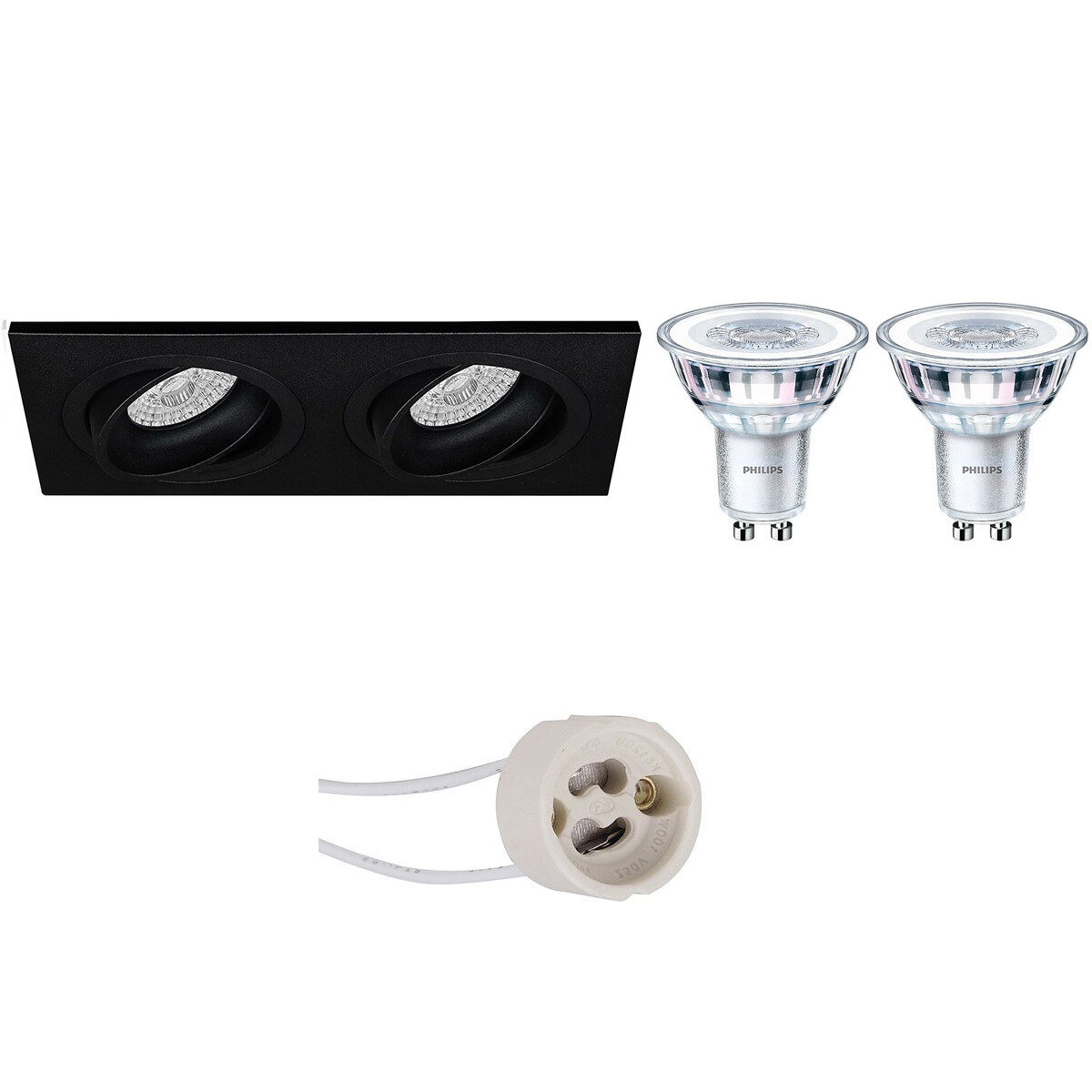 LED Spot Set - Pragmi Borny Pro - GU10 Fitting - Inbouw Rechthoek Dubbel - Mat Zwart - Kantelbaar - 