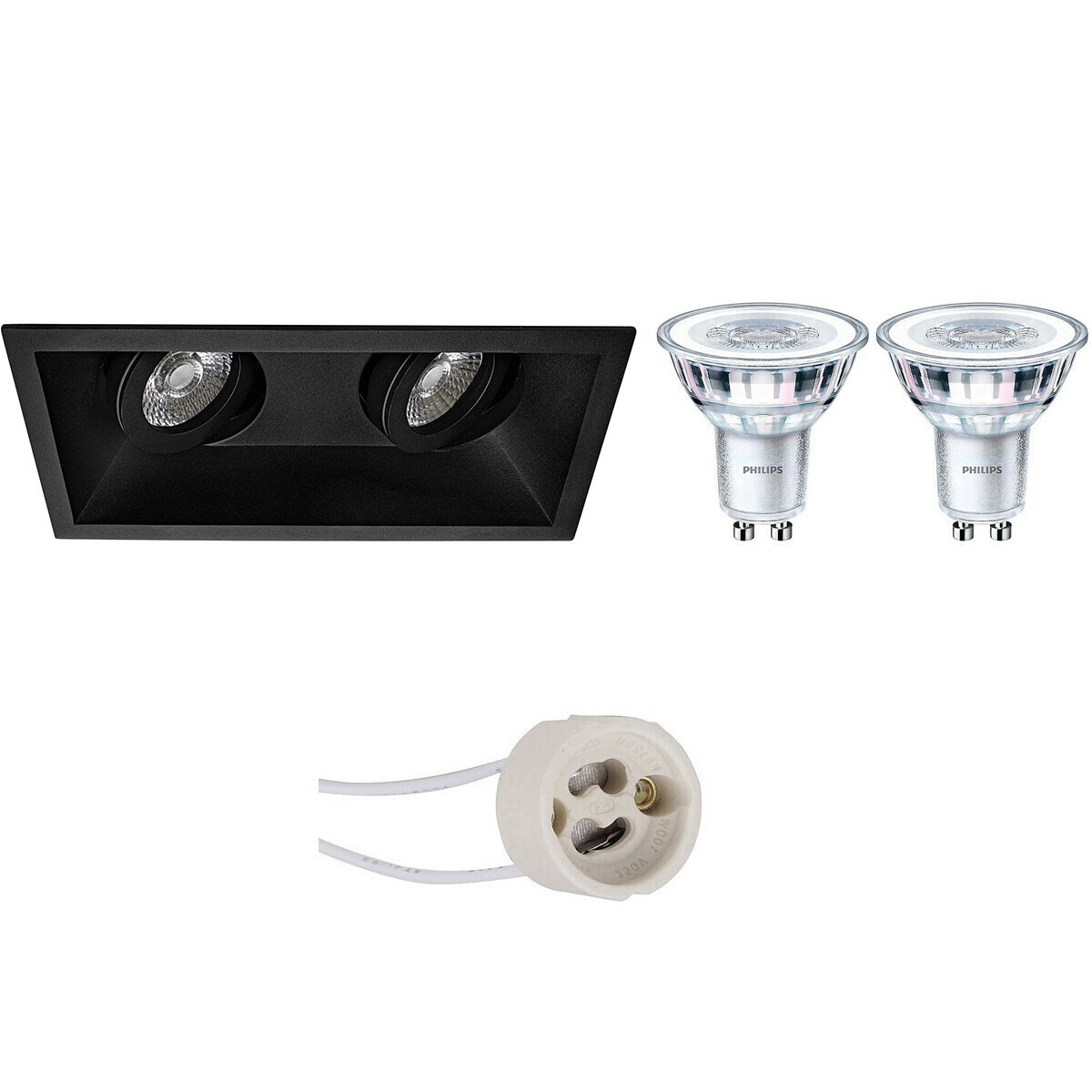 LED Spot Set - Pragmi Zano Pro - GU10 Fitting - Inbouw Rechthoek Dubbel - Mat Zwart - Kantelbaar - 185x93mm - Philips - CorePro 827 36D - 4W - Warm Wit 2700K - Dimbaar product afbeelding