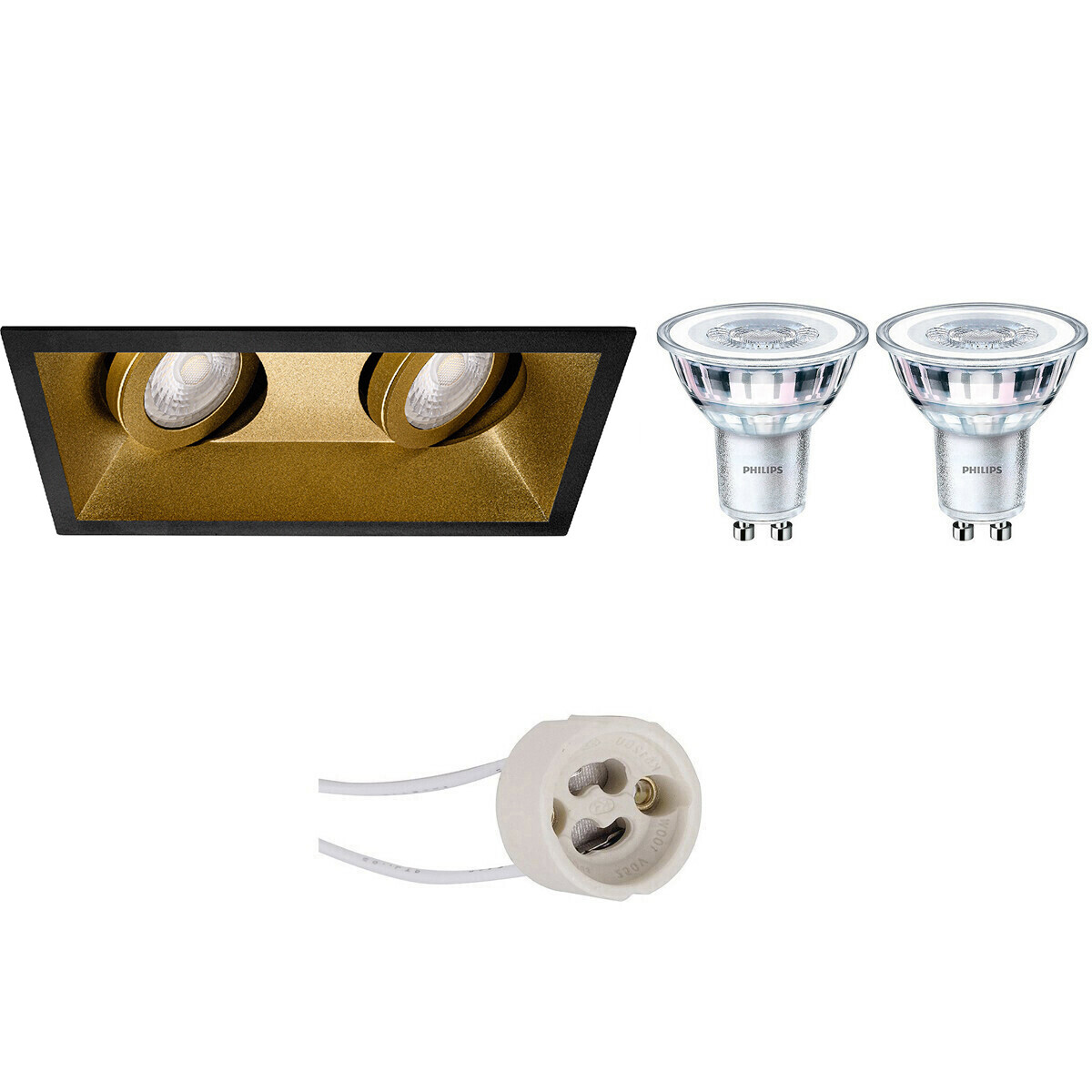 LED Spot Set - Pragmi Zano Pro - GU10 Fitting - Inbouw Rechthoek Dubbel - Mat Zwart/Goud - Kantelbaar - 185x93mm - Philips - CorePro 840 36D - 4W - Natuurlijk Wit 4000K - Dimbaar product afbeelding