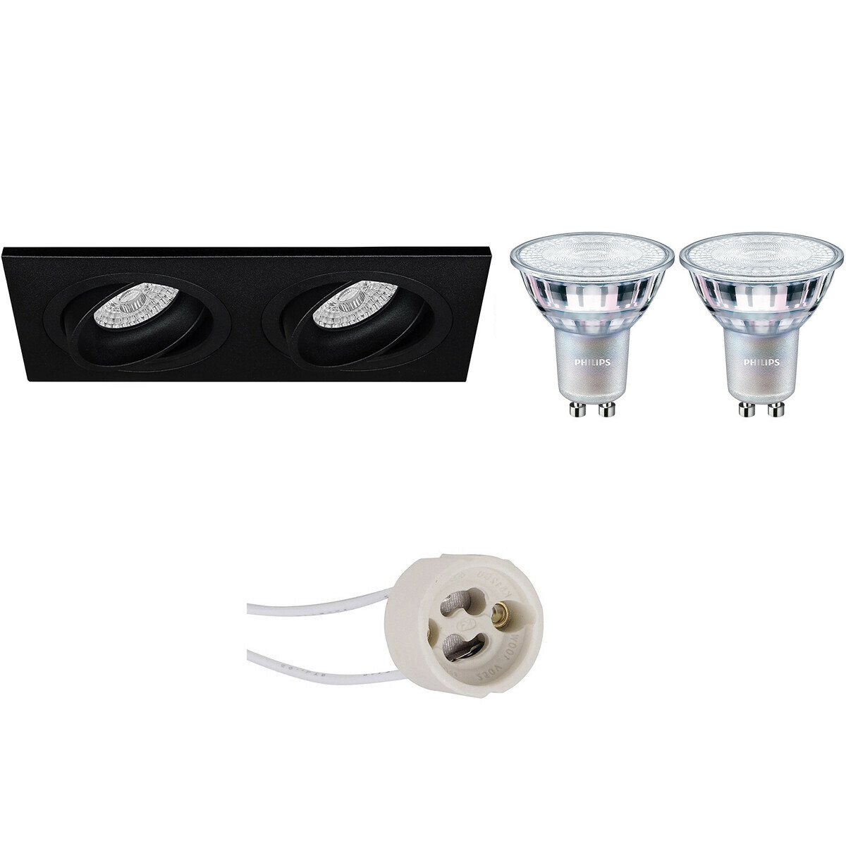 LED Spot Set - Pragmi Borny Pro - GU10 Fitting - Inbouw Rechthoek Dubbel - Mat Zwart - Kantelbaar - 